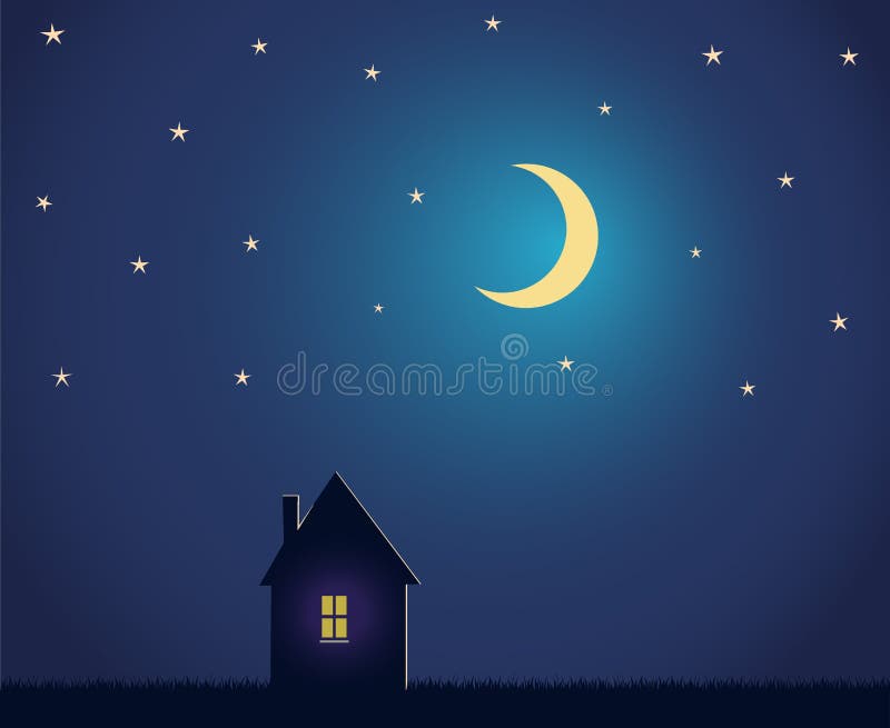 House and Night Sky with Stars and Moon Stock Vector Illustration of