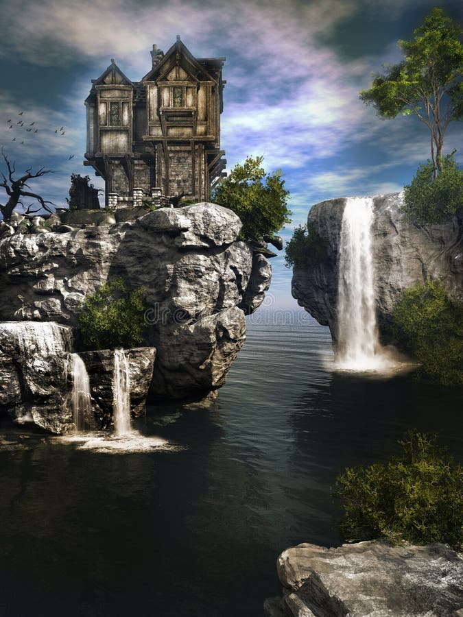 The House Over Waterfall Stock Illustration Image 47648173