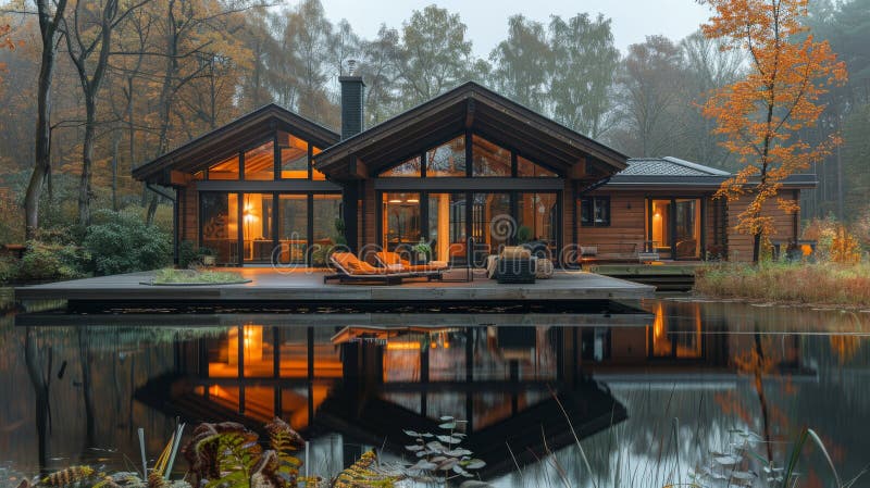 House Overlooking Lake Surrounded by Trees royalty free stock images
