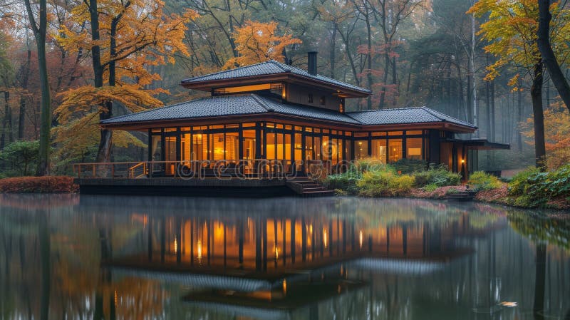 House Overlooking Lake Surrounded by Trees royalty free stock image