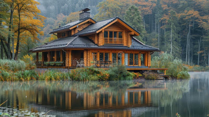 House Overlooking Lake Surrounded by Trees stock photography