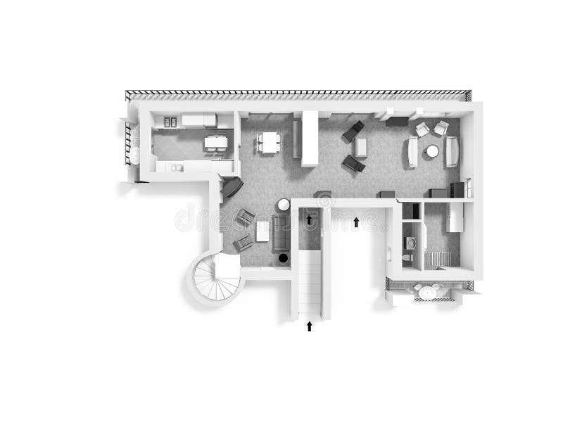 House Plan 3d. Floor Plan 3d. Interior 3d. Black White 3d Plan. Stock