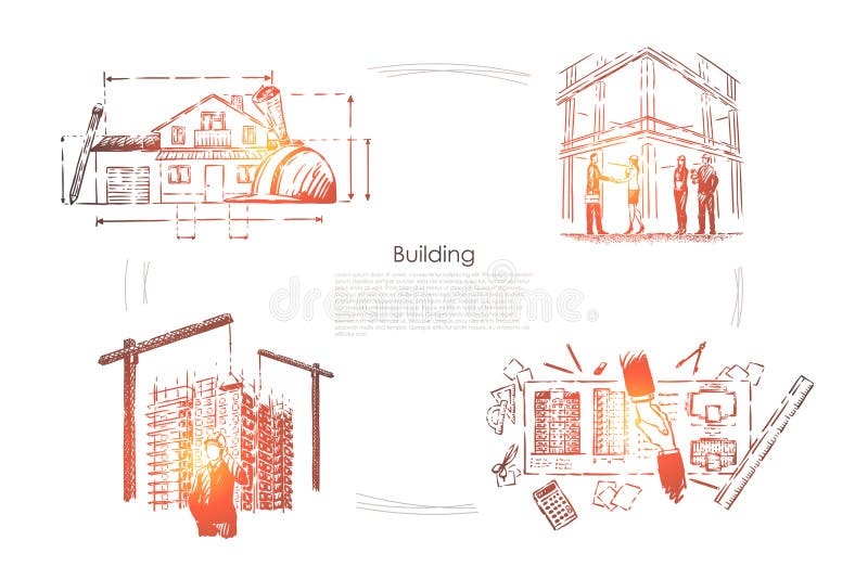 House planning, construction site safety check, architectural project approval, building industry banner vector illustration