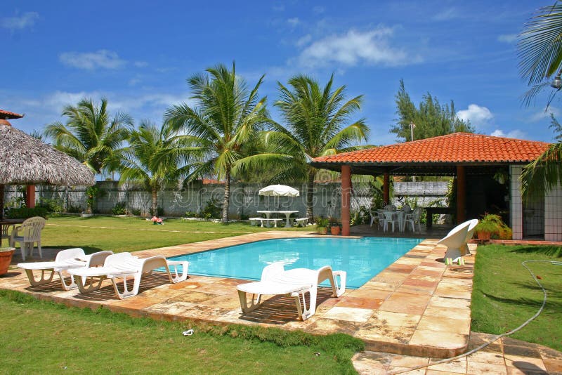 House pool with palmtrees and grass