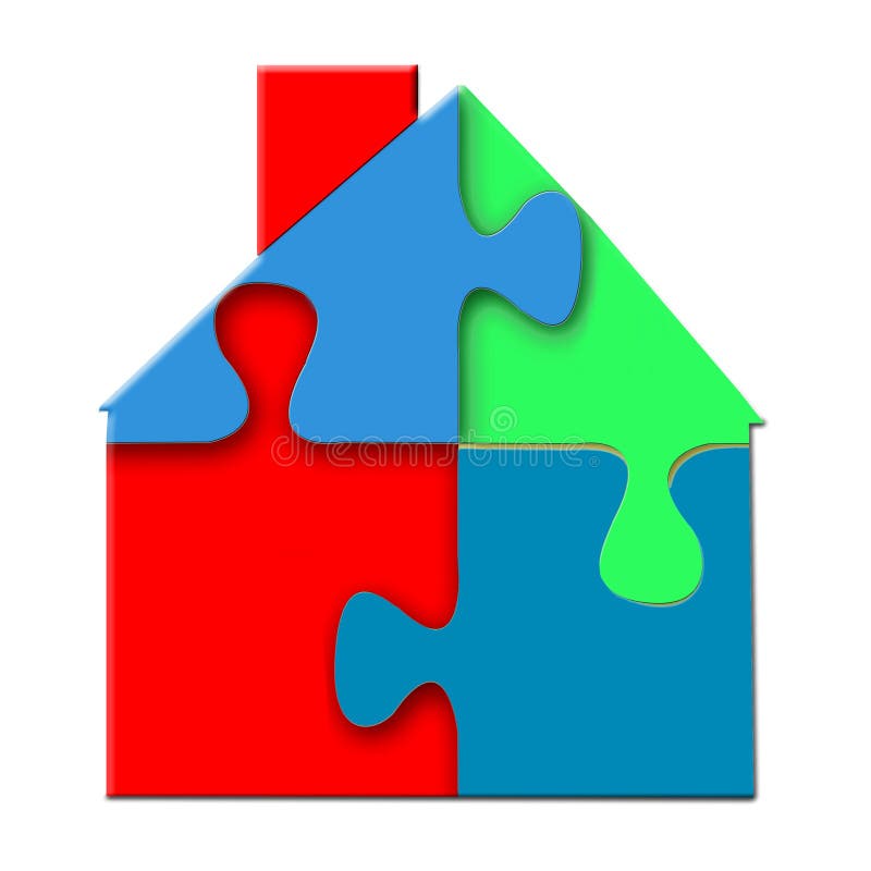 Bright 3d closeup of connected, colorful puzzle of a house in blue, green, and red, and isolated on a white background. Bright 3d closeup of connected, colorful puzzle of a house in blue, green, and red, and isolated on a white background.