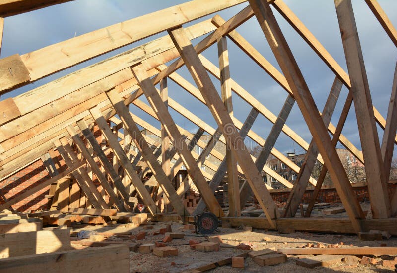 House roof framework construction  Roofing Construction with trusses frame, eaves, wooden beams