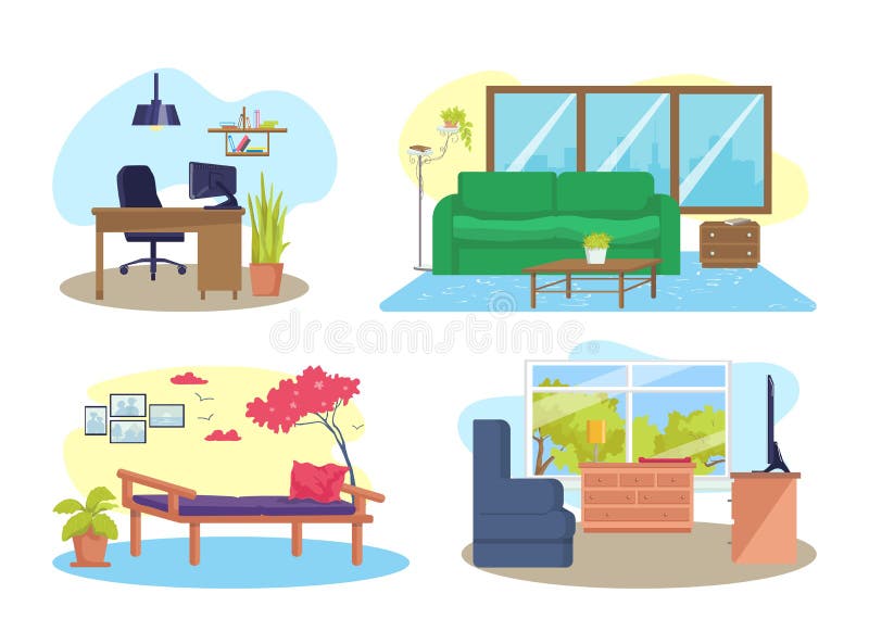 House room interior set, isolated on white vector illustration. Home with furniture, modern table, chair, cartoon sofa