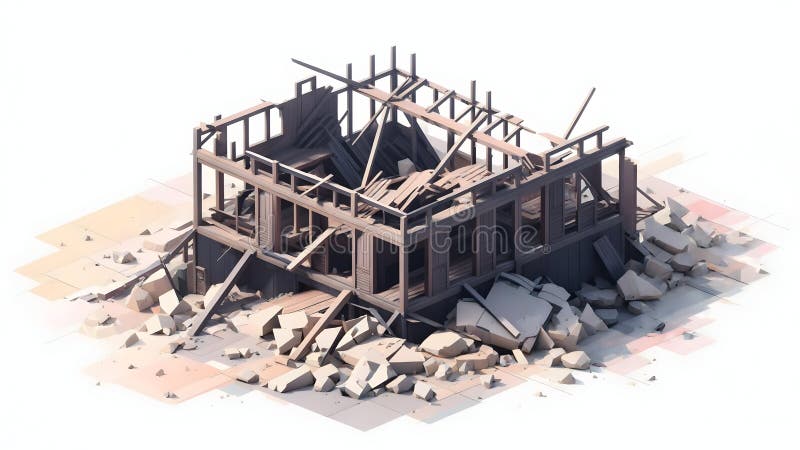 House Ruins after a Disaster with Debris and Damaged Structure stock illustrationer