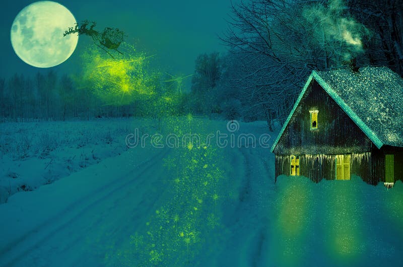 House Snowy Christmas Landscape Fir Tree at Night and Big Moon. royalty free stock images House Snowy Christmas Landscape Fir Tree at Night and Big Moon. royalty free stock images