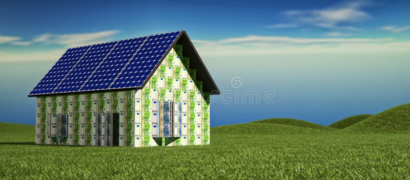 House made from Euro banknotes, with solar panels. Chart clean energy stock images, royalty-free photos and pictures