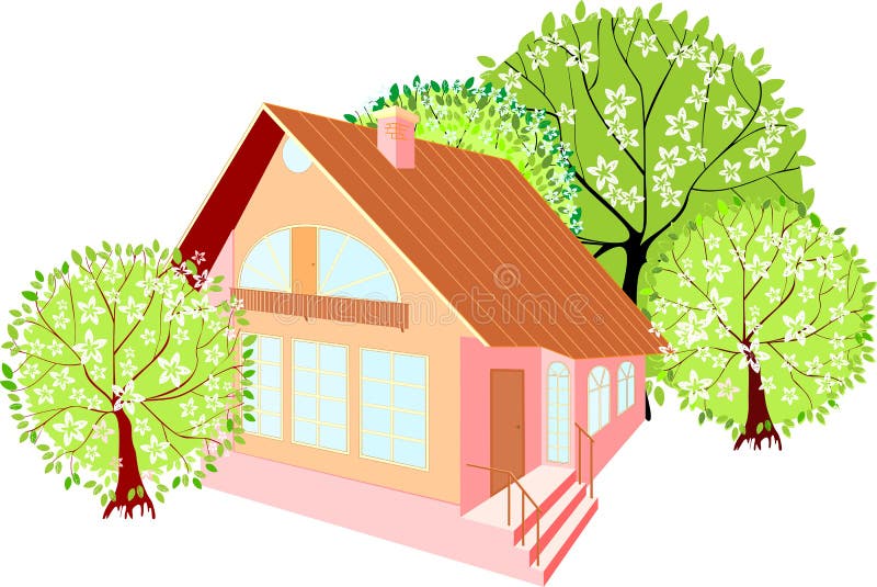 House with spring trees