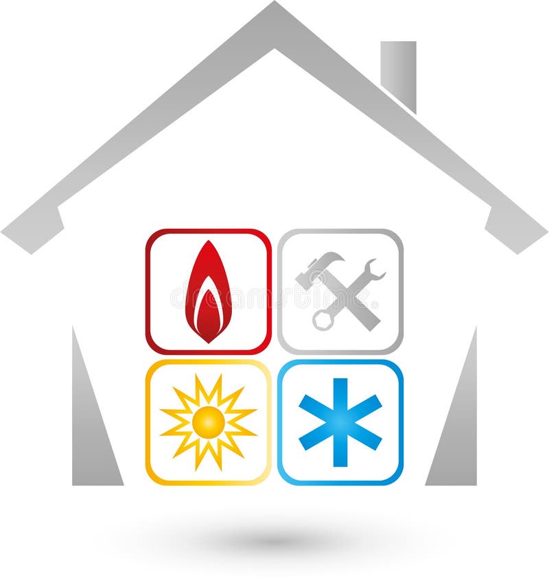 House and sun, snow, flame, Air conditioning and installer logo