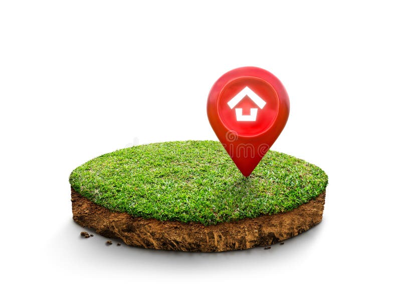 House symbol with location pin icon on round soil ground cross section with earth land and green grass, ground ecology isolated on