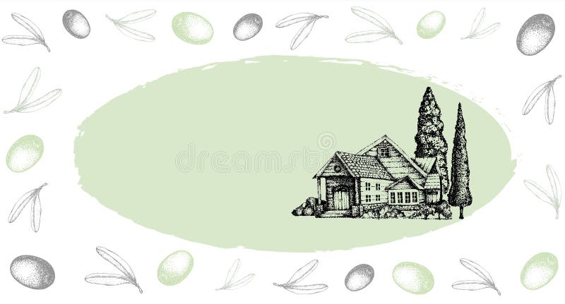 House and trees in the village, farm plantation on a background of green olive field, hill, southern province. Hand drawing