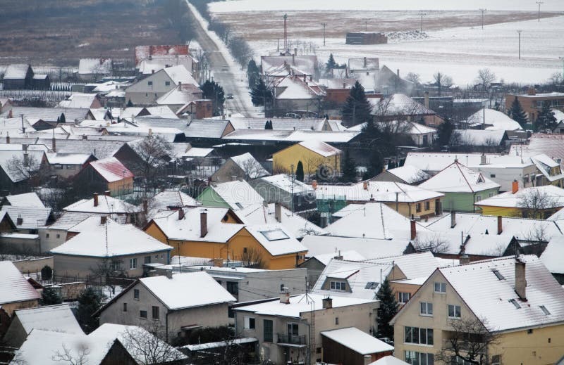 House in Village at winter, aerial