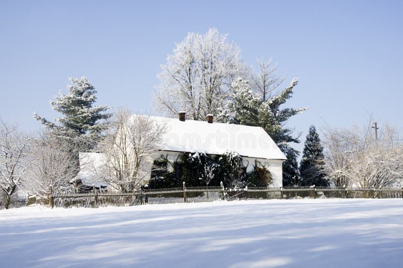 Famiglia casa inverno alce da la neve.