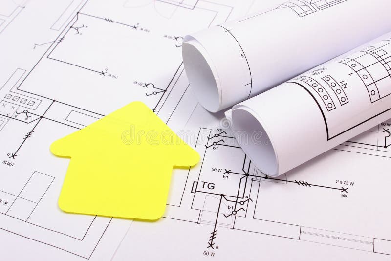 House of Yellow Paper and Rolls of Diagrams on Construction Drawing Stock Image Image of