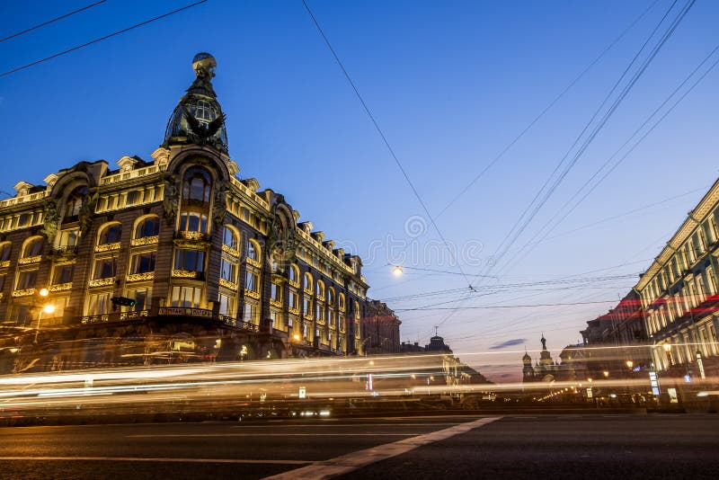 House Zinger on Nevsky Prospekt in St. Petersburg at night illumination in white nights ,13 june 2014
