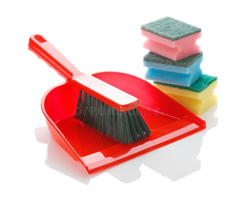 Items used around the house for housecleaning, including a dustpan and brush, and sponges. Items used around the house for housecleaning, including a dustpan and brush, and sponges.