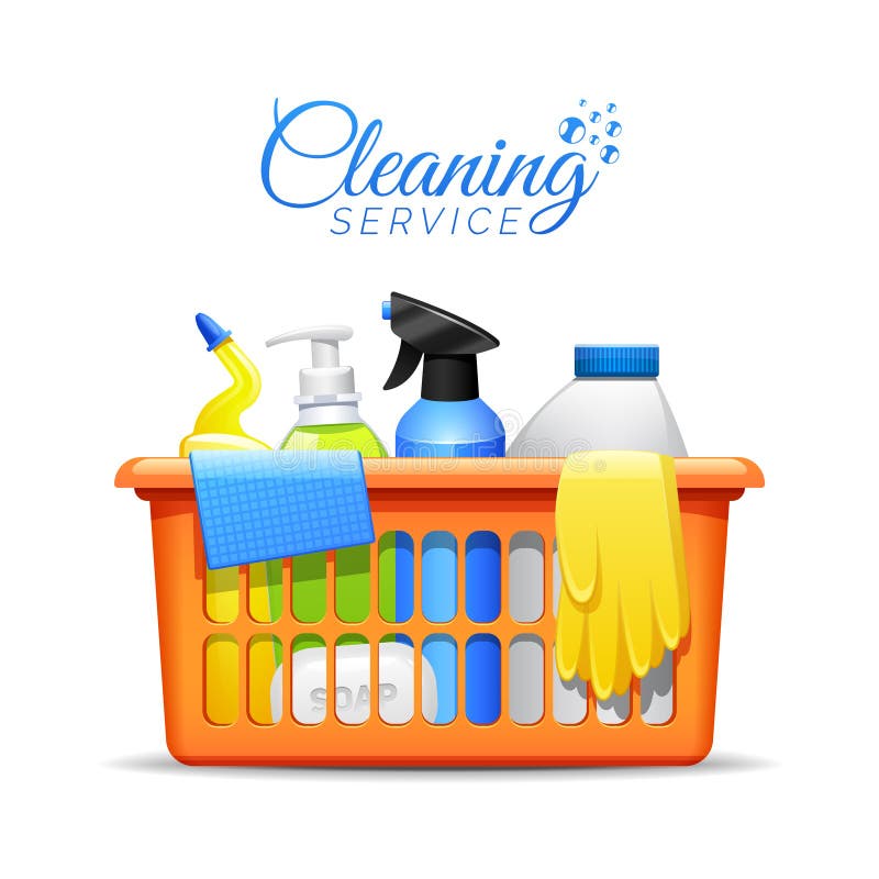 Household Cleaning Products In Basket Illustration