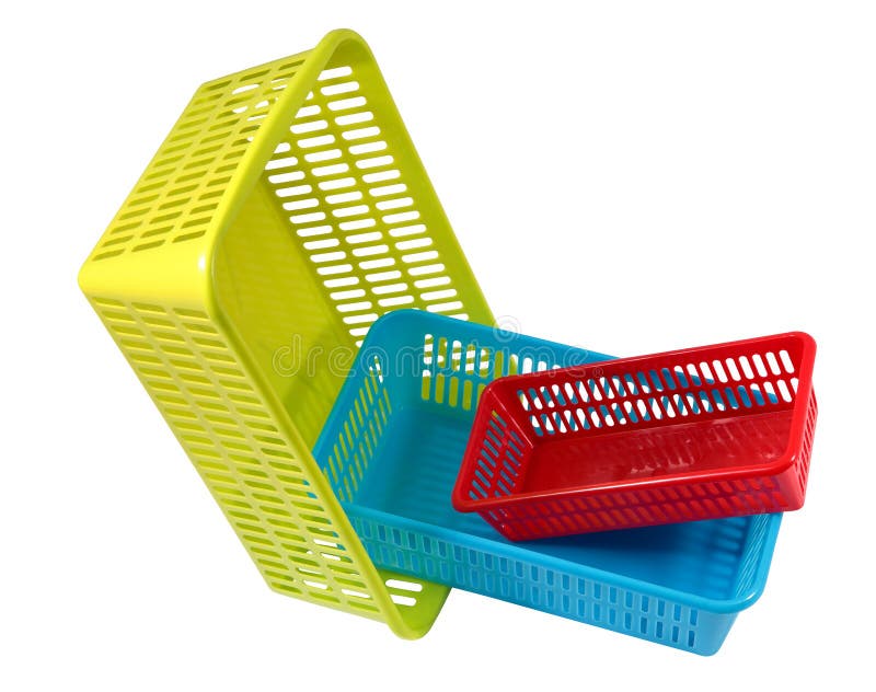 Household storage system, set colored plastic baskets of various