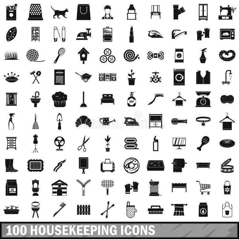 100 Housekeeping Icons Set, Simple Style Stock Vector - Illustration of ...