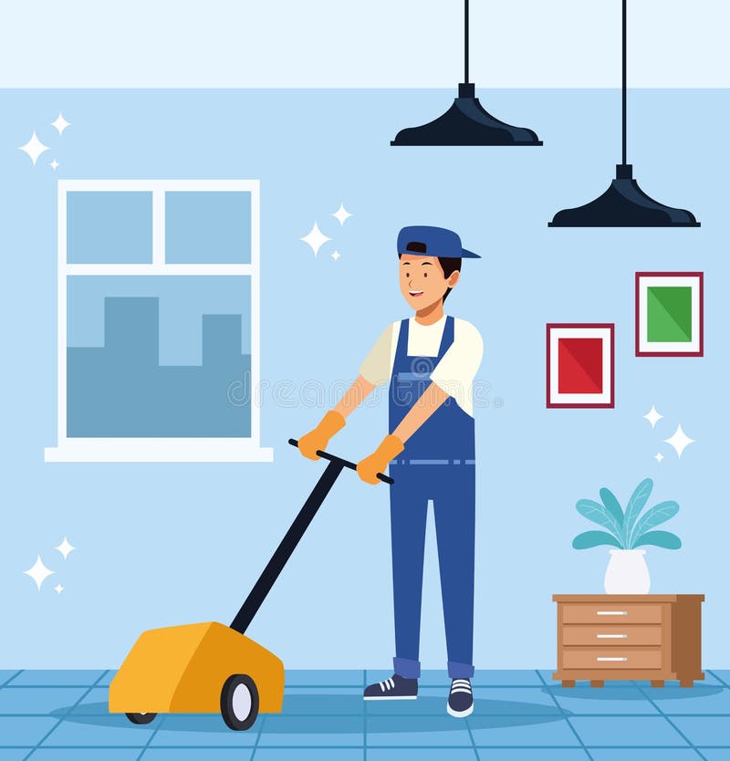 Housekeeping male worker with Electric Floor Shine royalty free illustration