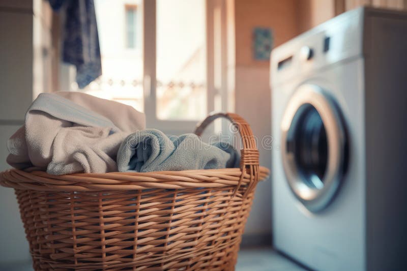 The housekeeping: a washing machine and a well-organized laundry basket royalty free illustration