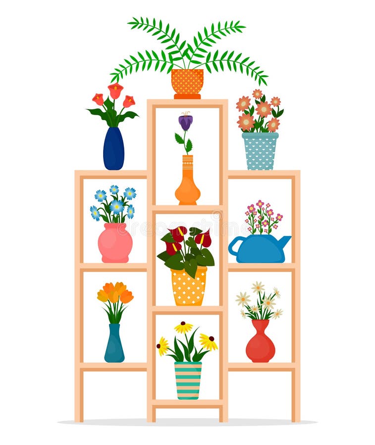 Houseplants in pots on the flower stand. vector illustration Houseplants in pots on the flower stand. vector illustration