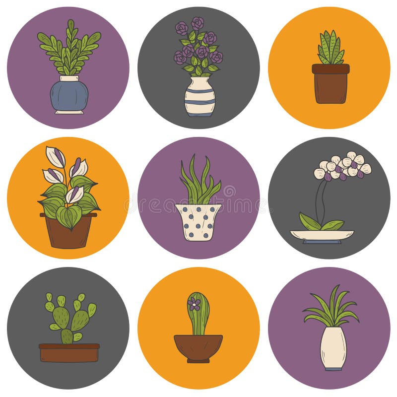 Houseplantstecknad filmsymboler stock illustrationer Houseplantstecknad filmsymboler stock illustrationer