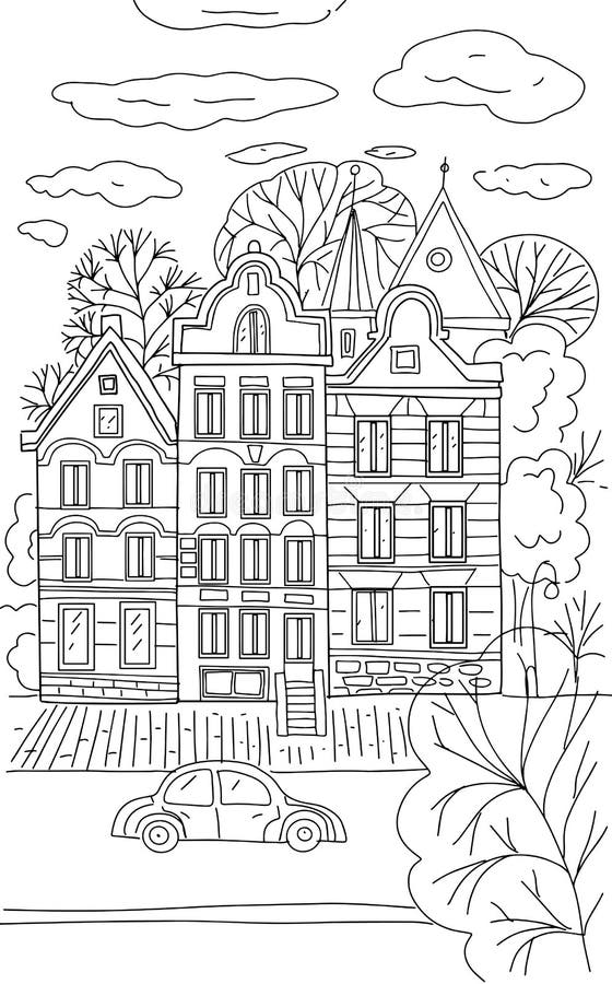 Houses Amsterdam coloring  street trees city car clouds in the sky postcard background hand drawn vector illustration