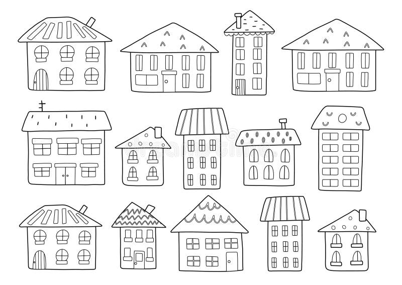 Cute doodle houses collection. Outline home elements isolated on white. Hand drawn buildings set royalty free illustration