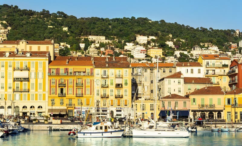 Houses and Boats in Nice port on the Mediterranean Sea, Cote d`Azur, France stock image Houses and Boats in Nice port on the Mediterranean Sea, Cote d`Azur, France stock image