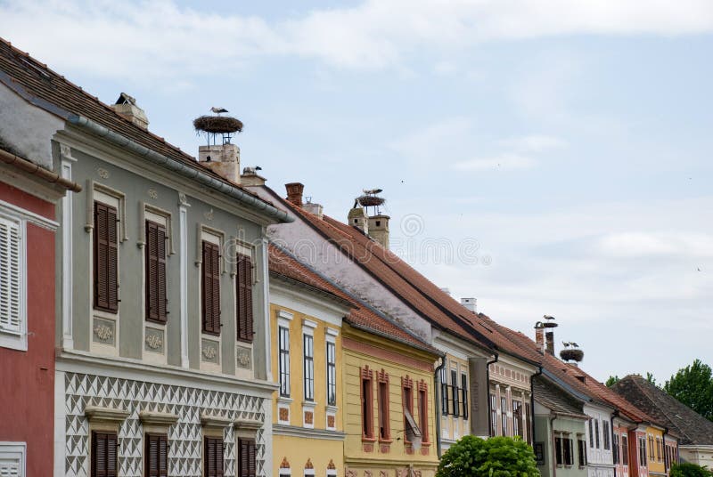 Houses of Rust, Burgenland, with storks nests on their chimneys - Austria