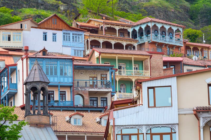 Houses with traditional wooden carving balconies of Old Town of Tbilisi, Republic of Georgia