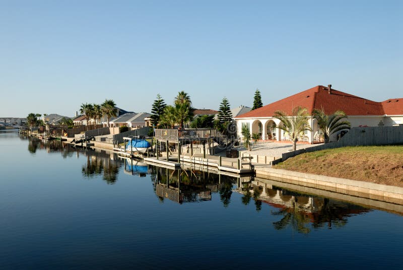 Houses waterside, Padre Island, southern Texas