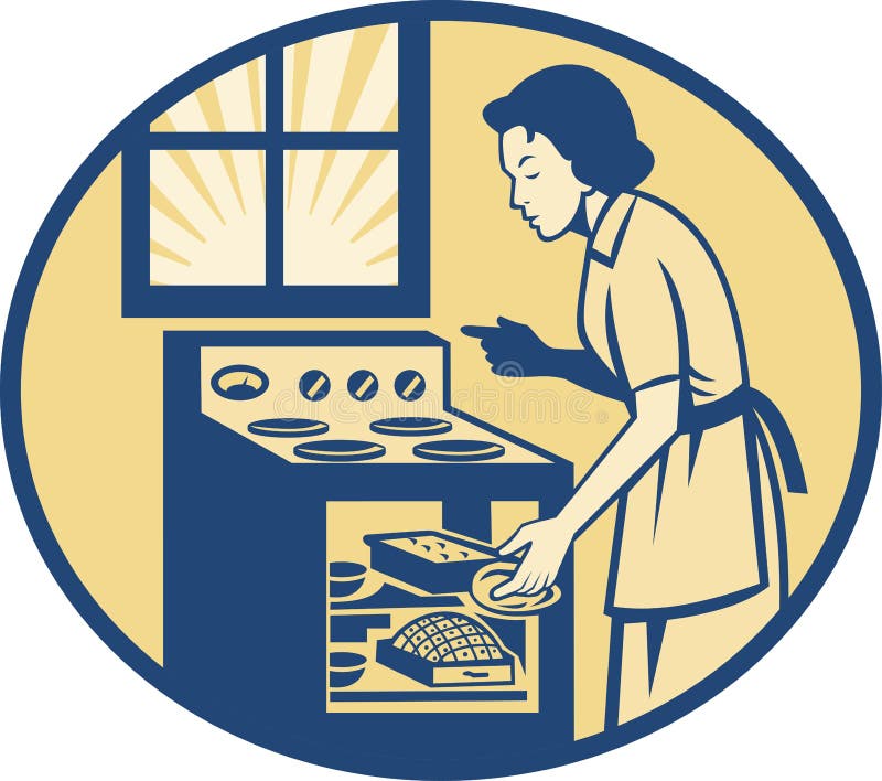 Housewife Baker Baking in Oven Stove Retro stock illustration