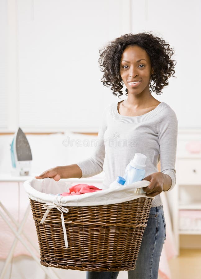 Housewife Holding Basket of Laundry Stock Photo - Image of woman ...