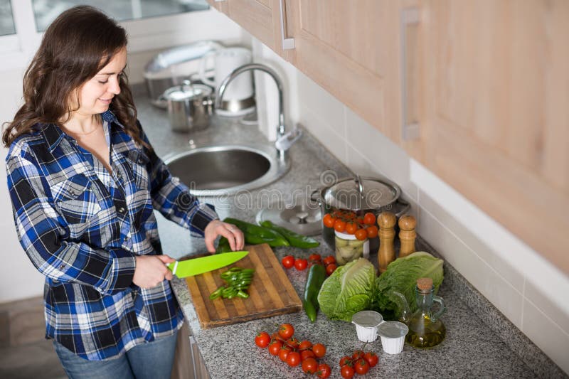 Housewife Cooking Vegetables at Domestic Kitchen Stock Image Image of face, lettuce 69173473