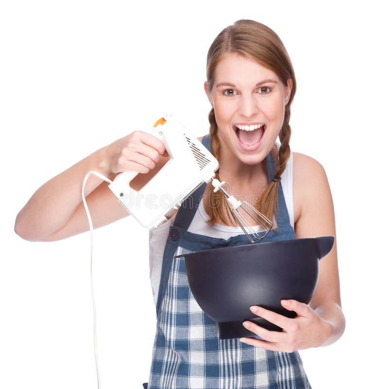 Lleno estudio una foto joven hermoso ama de casa La cocina máquina.