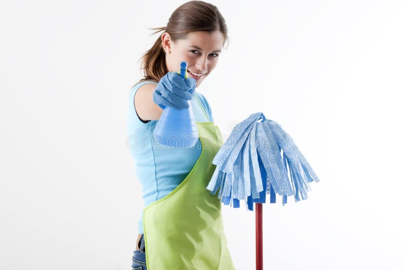 Housewife Ready To Fight With Spray Bottle and Mop