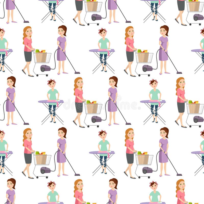 Housewifes homemaker kobiety cleaning kreskówki dziewczyny tła ślicznego bezszwowego deseniowego housewifery żony żeński charakte ilustracja wektor Housewifes homemaker kobiety cleaning kreskówki dziewczyny tła ślicznego bezszwowego deseniowego housewifery żony żeński charakte ilustracja wektor
