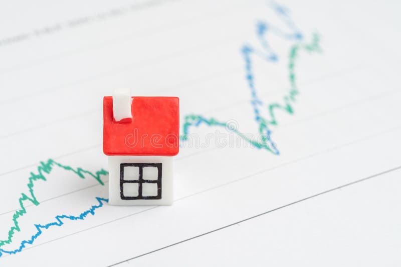 Housing, property or real estate price fluctuation investment concept or price bubble analysis concept, miniature house on fluctuate up and down price line graph reports