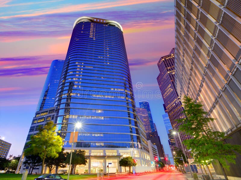 Houston Downtown-horizonzonsondergang in Texas de V.S. royalty-vrije stock foto Houston Downtown-horizonzonsondergang in Texas de V.S. royalty-vrije stock foto
