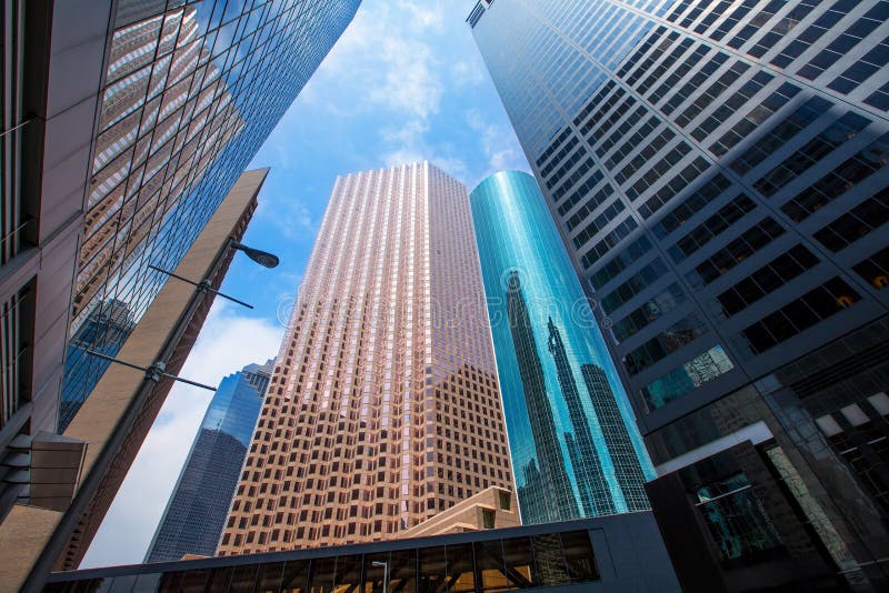 Houston downtown skyscrapers disctict blue sky mirror stock photography Houston downtown skyscrapers disctict blue sky mirror stock photography