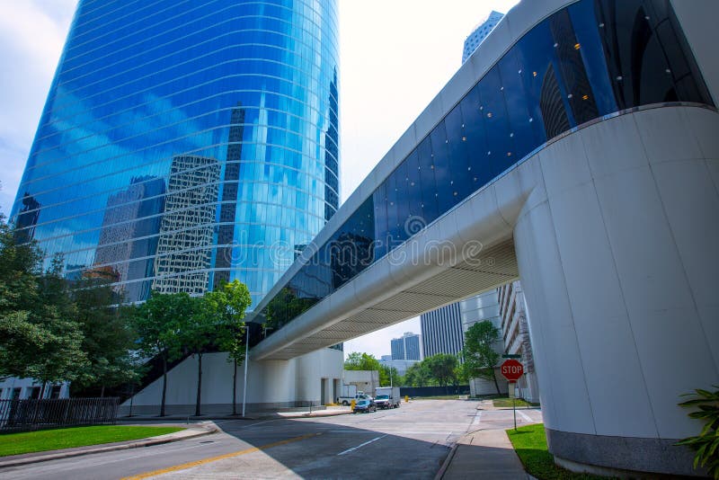 Houston downtown skyscrapers disctict blue sky mirror stock image Houston downtown skyscrapers disctict blue sky mirror stock image