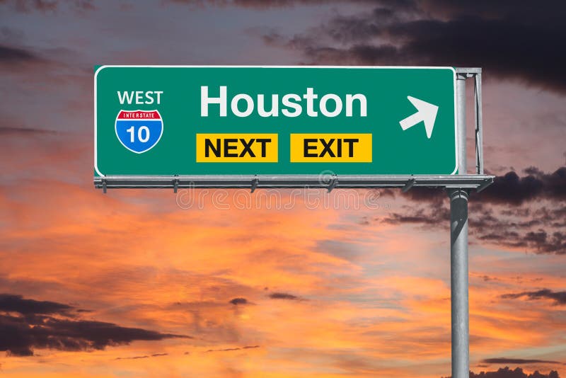 Houston Route 10 Freeway Next Exit Sign with Sunset Sky Stock Image