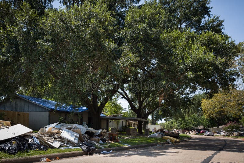 Houston, Texas, USA, September 10, 2017: Consequences from Hurricane Harvey. Flooded, damaged houses