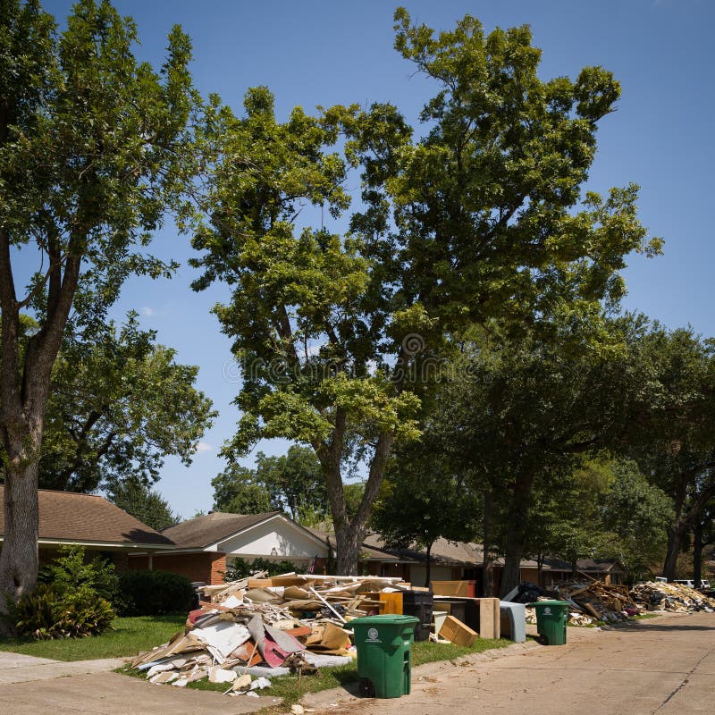 Houston, Texas, USA, September 10, 2017: Consequences from Hurricane Harvey. Flooded, damaged houses