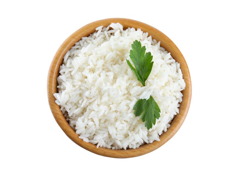Houten kom met gekookte rijst, peterselie geïsoleerde hoogste oordeel